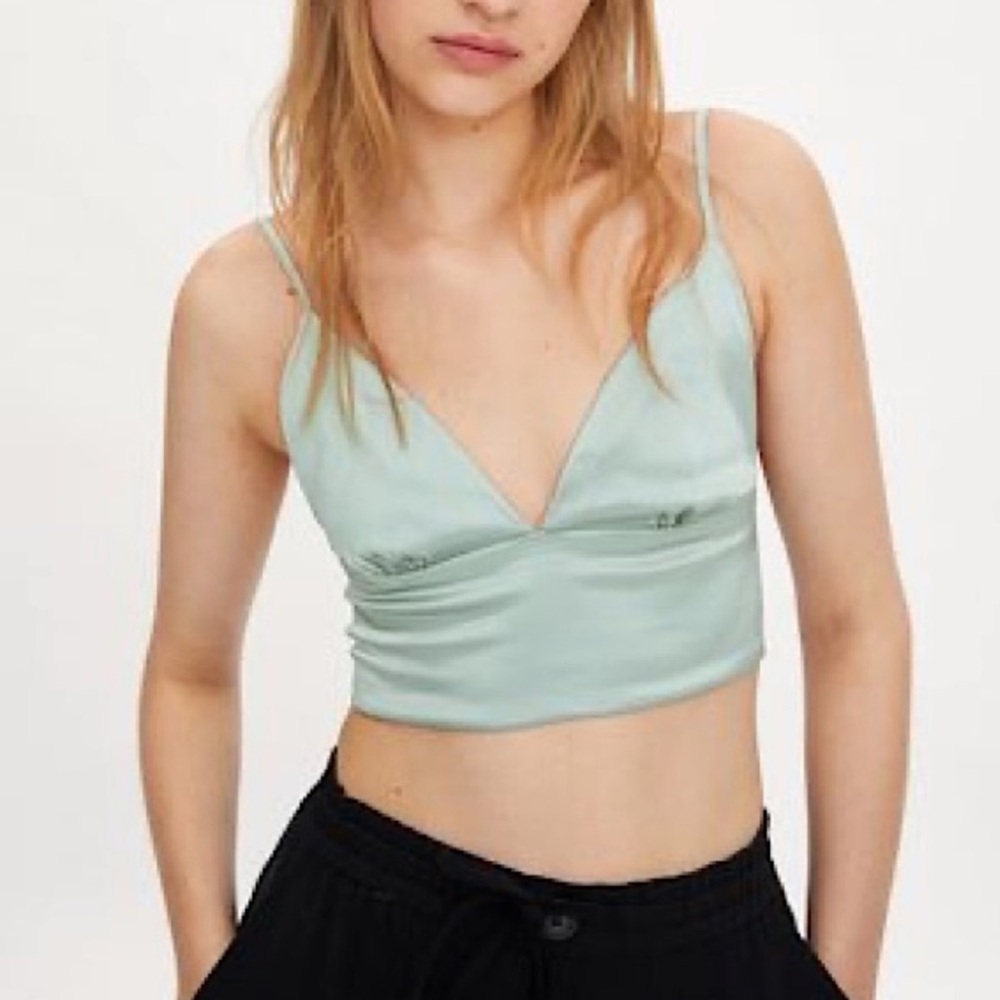Zara Mint Sage Green Satin Cropped Triangle Bralette Crop Top in size Small (S)
